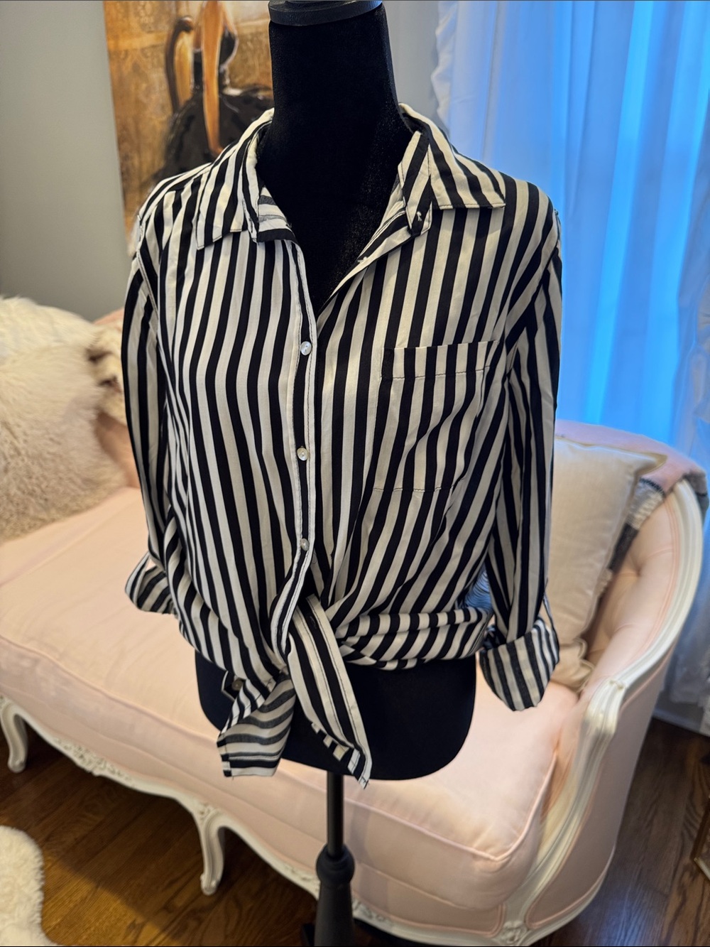 Jane and Delancey Black & White Vertical Stripe Button-Down Shirt